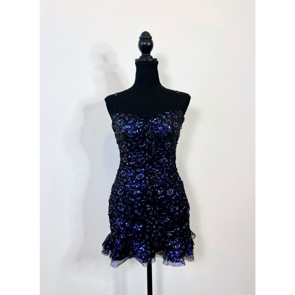 For‎ Love & Lemons Rodin Iridescent Lace Mini Dress Blue Small Sleeveless Lined